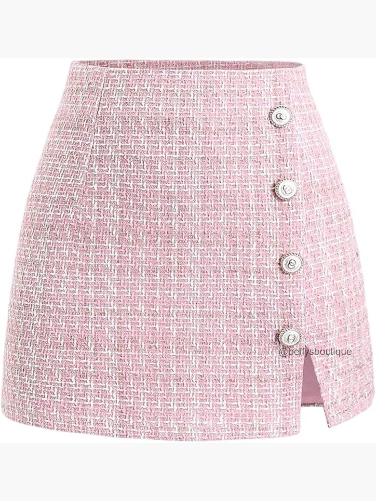 High Waist Split Button Tweed Plaid Mini Skirt Skort